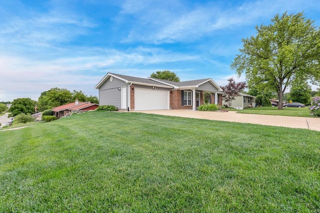 1354 Nutmeg Dr, Saint Charles, MO 63303 - ranch-style home with an attached garage, brick siding, a front yard, and concrete driveway