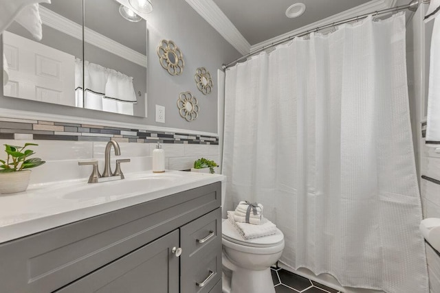 1354 Nutmeg Dr, Saint Charles, MO 63303 - full bath featuring crown molding, vanity, toilet, tile walls, and wainscoting
