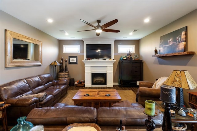 392 Pinecrest, Jackson, MO 63755 - living area featuring ceiling fan, wood finished floors, a fireplace, healthy amount of natural light, and recessed lighting