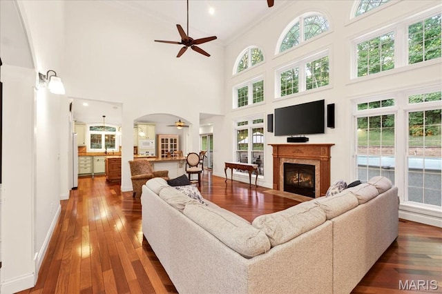 125 Park Lawn Est, Fenton, MO 63026 - living room featuring ceiling fan, a fireplace with flush hearth, a high ceiling, wood-type flooring, and healthy amount of natural light