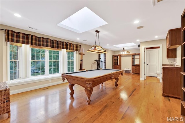 125 Park Lawn Est, Fenton, MO 63026 - game room with a skylight, pool table, light wood-type flooring, recessed lighting, and ceiling fan