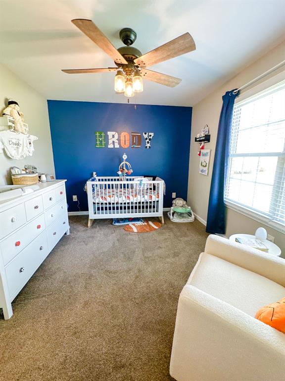 20083 Southview Dr, Carlyle, IL 62231 - bedroom with a crib, carpet, ceiling fan, and baseboards