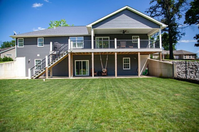 20083 Southview Dr, Carlyle, IL 62231 - back of house with stairway, ceiling fan, a deck, and a patio