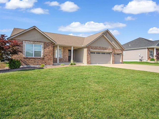 1051 Creekside Dr, Waterloo, IL 62298 - ranch-style home with an attached garage, brick siding, driveway, and a front lawn