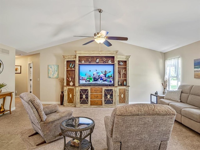 1051 Creekside Dr, Waterloo, IL 62298 - living room with ceiling fan, carpet, lofted ceiling, and baseboards