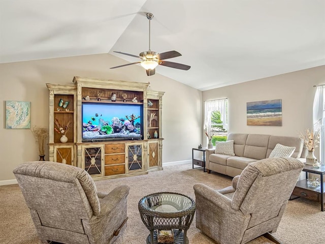 1051 Creekside Dr, Waterloo, IL 62298 - carpeted living room featuring a ceiling fan, vaulted ceiling, and baseboards