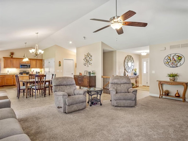 1051 Creekside Dr, Waterloo, IL 62298 - living area with a chandelier, high vaulted ceiling, ceiling fan, light colored carpet, and baseboards