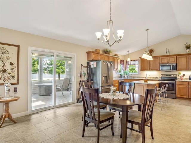 1051 Creekside Dr, Waterloo, IL 62298 - dining space featuring a chandelier, lofted ceiling, baseboards, and light tile patterned floors