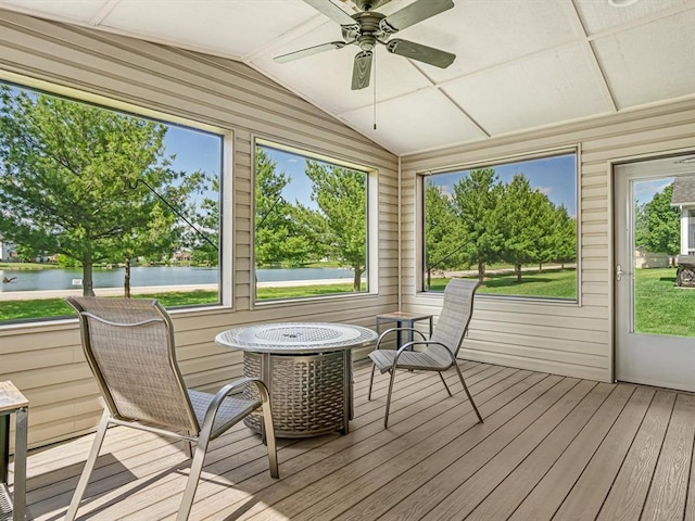 1051 Creekside Dr, Waterloo, IL 62298 - sunroom / solarium with a water view, ceiling fan, and lofted ceiling