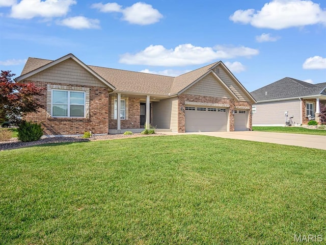 1051 Creekside Dr, Waterloo, IL 62298 - ranch-style home featuring an attached garage, brick siding, concrete driveway, and a front yard