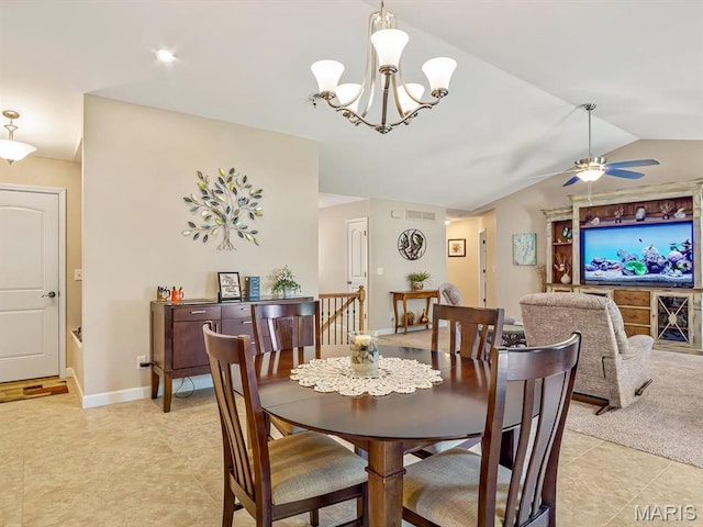 1051 Creekside Dr, Waterloo, IL 62298 - dining space with light tile patterned flooring, a chandelier, ceiling fan, and lofted ceiling