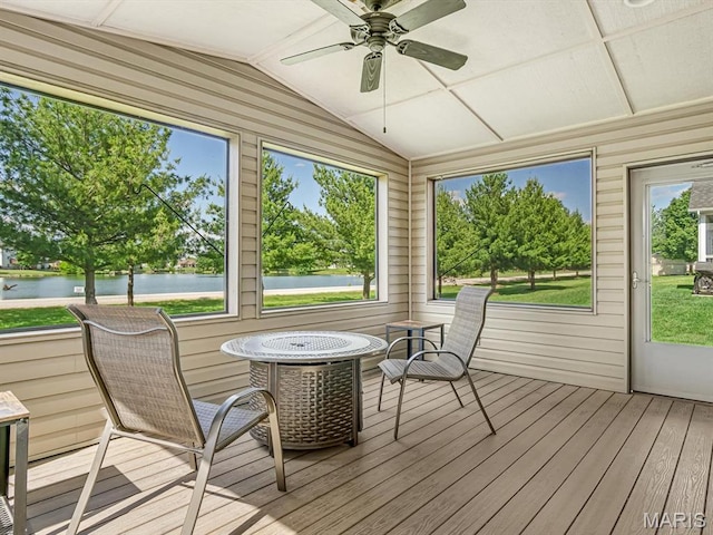 1051 Creekside Dr, Waterloo, IL 62298 - sunroom featuring a water view, a ceiling fan, and lofted ceiling