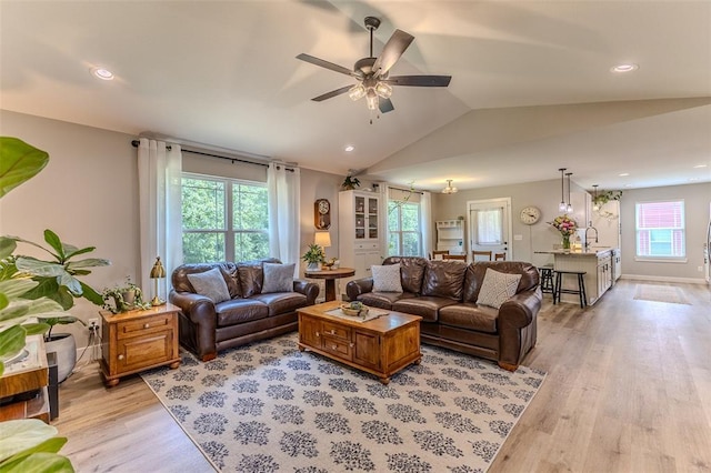 153 Mesa Dr, Waynesville, MO 65583 - living room with light wood finished floors, a ceiling fan, vaulted ceiling, and recessed lighting