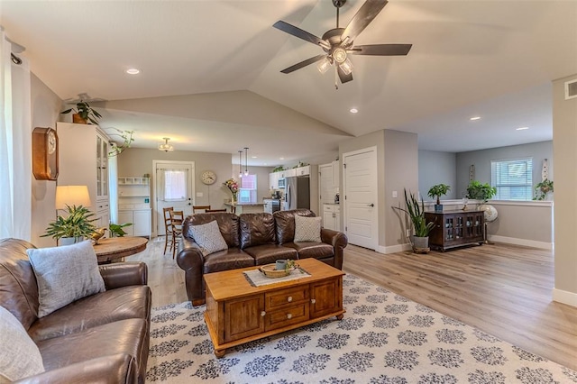153 Mesa Dr, Waynesville, MO 65583 - living room with light wood-style floors, vaulted ceiling, ceiling fan, baseboards, and recessed lighting