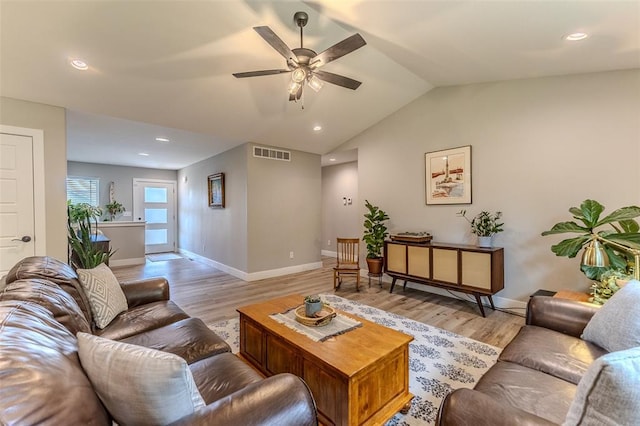153 Mesa Dr, Waynesville, MO 65583 - living room with light wood-type flooring, a ceiling fan, baseboards, lofted ceiling, and recessed lighting