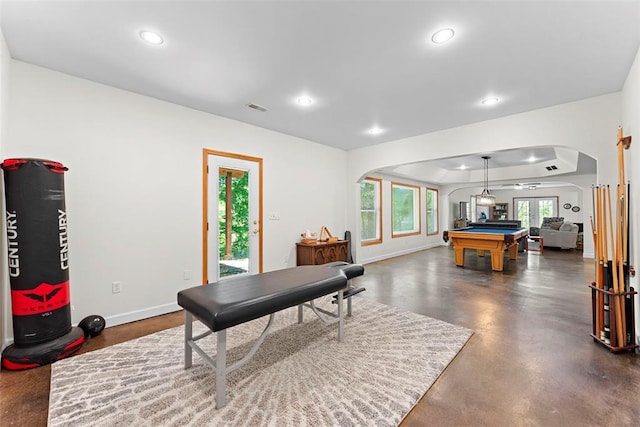 2347 Callaway Fork Rd, Defiance, MO 63341 - game room featuring arched walkways, billiards table, baseboards, and recessed lighting