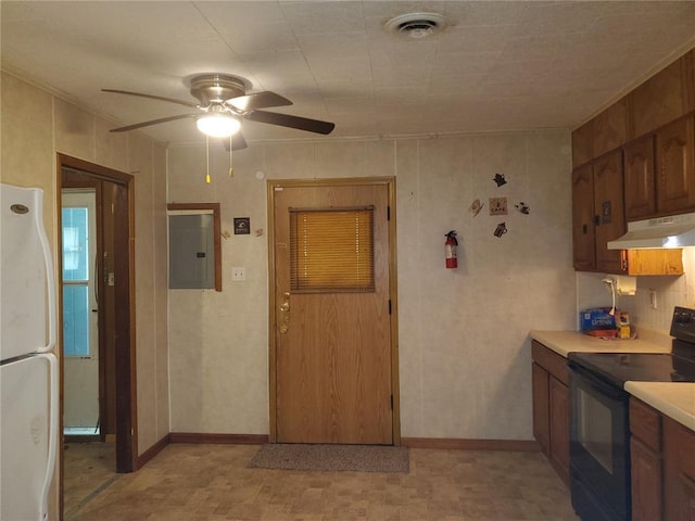 19 Agnes Dr, Cahokia, IL 62206 - kitchen with black range with electric cooktop, freestanding refrigerator, under cabinet range hood, electric panel, and a ceiling fan
