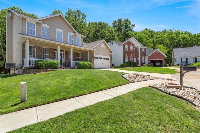 724 Hilltop Woods Ct, Eureka, MO 63025 - colonial-style house with covered porch, a front lawn, brick siding, and concrete driveway