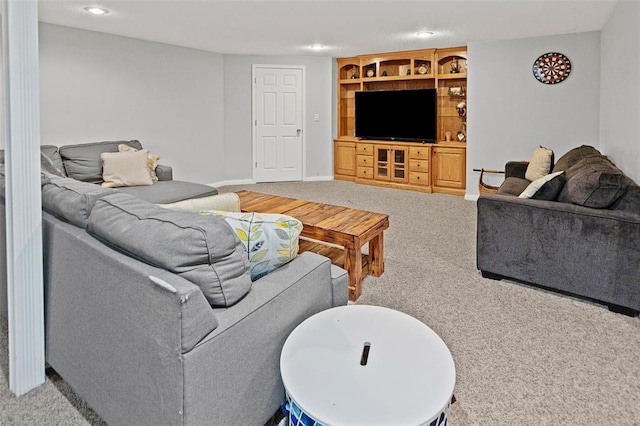 21 Sunny Dale Ct, Glen Carbon, IL 62034 - living area featuring light colored carpet, recessed lighting, baseboards, and built in features