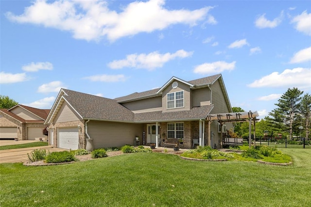 21 Sunny Dale Ct, Glen Carbon, IL 62034 - view of front facade with an attached garage, a pergola, driveway, brick siding, and a shingled roof