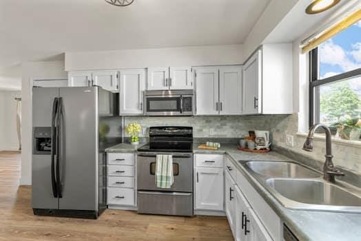 352 Della Dr, Saint Peters, MO 63376 - kitchen with appliances with stainless steel finishes, a sink, healthy amount of natural light, and light wood-type flooring