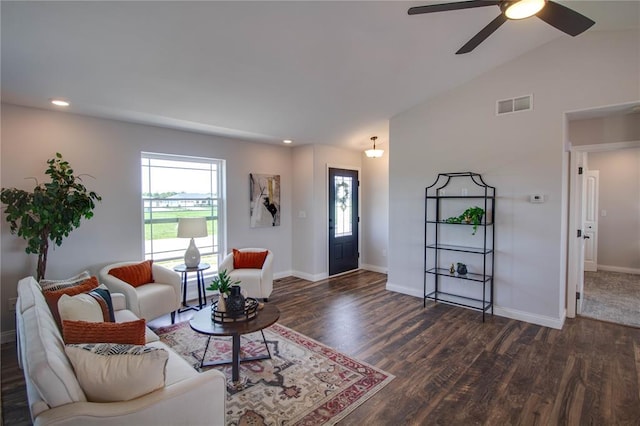 176 Bay Meadow Cir, Moro, IL 62067 - living room featuring wood finished floors, recessed lighting, baseboards, ceiling fan, and lofted ceiling