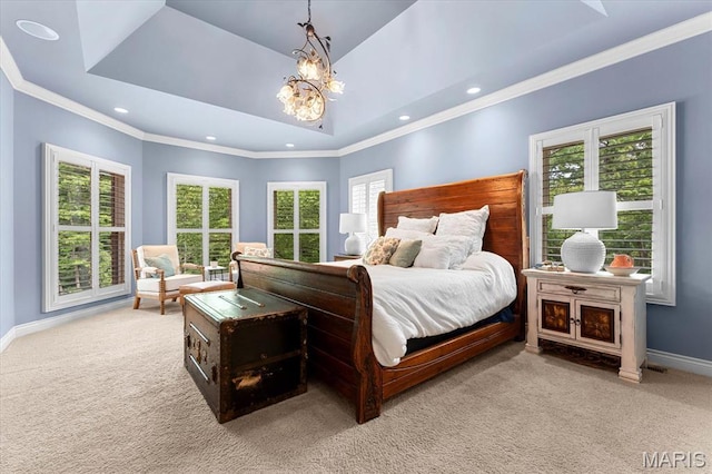 4516 Levis Ln, Godfrey, IL 62035 - carpeted bedroom featuring baseboards, a raised ceiling, recessed lighting, a chandelier, and crown molding