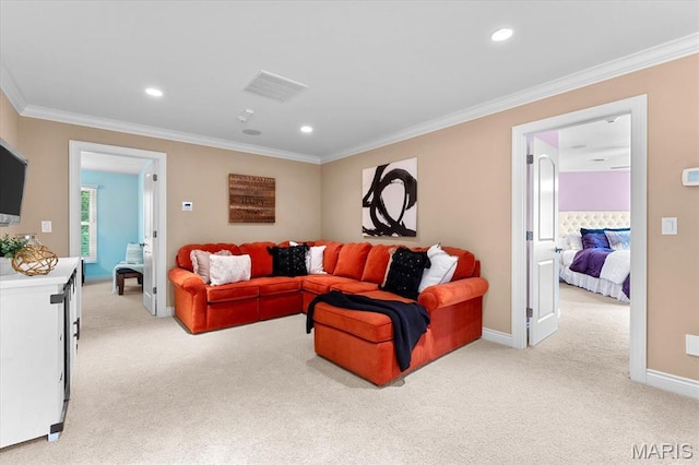 4516 Levis Ln, Godfrey, IL 62035 - living room with light colored carpet, ornamental molding, recessed lighting, and baseboards