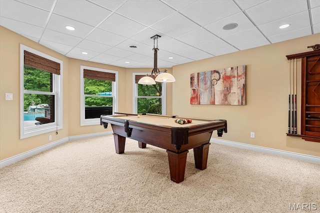4516 Levis Ln, Godfrey, IL 62035 - playroom featuring baseboards, carpet, billiards, a paneled ceiling, and recessed lighting