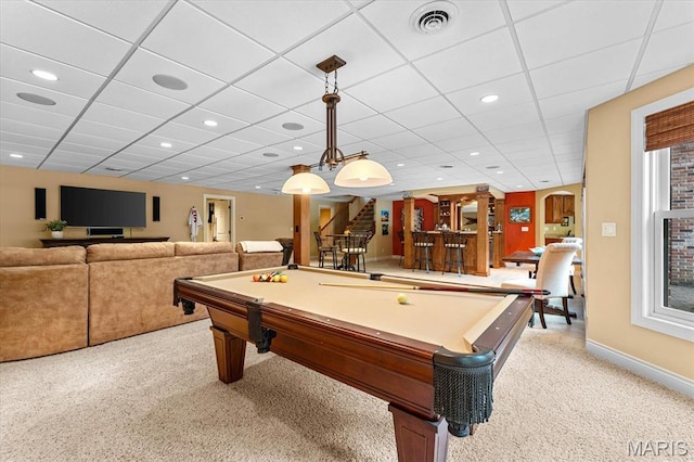 4516 Levis Ln, Godfrey, IL 62035 - game room featuring light colored carpet, billiards, baseboards, a paneled ceiling, and recessed lighting