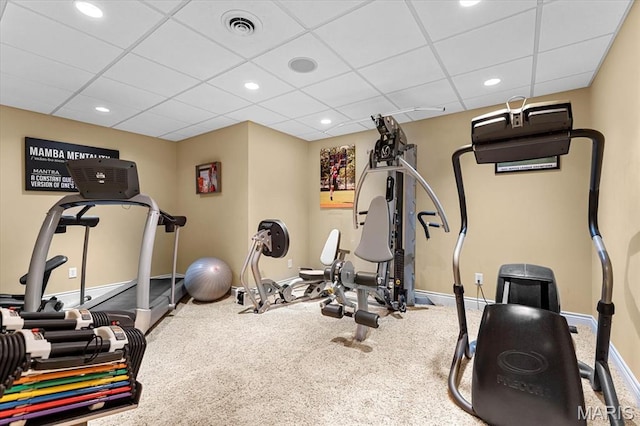 4516 Levis Ln, Godfrey, IL 62035 - exercise area featuring baseboards, a paneled ceiling, recessed lighting, and carpet flooring