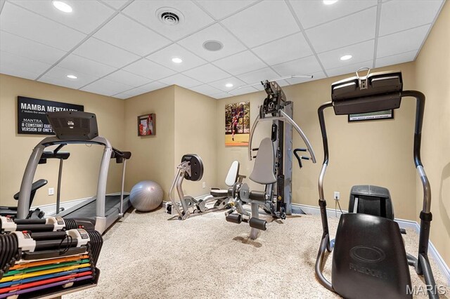 4516 Levis Ln, Godfrey, IL 62035 - exercise room featuring a paneled ceiling, recessed lighting, and carpet flooring