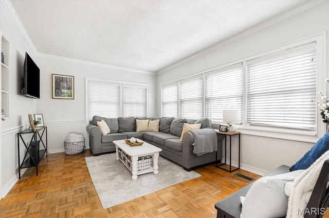 507 Alphonse Dr, Kirkwood, MO 63122 - living area featuring a textured ceiling, crown molding, and baseboards