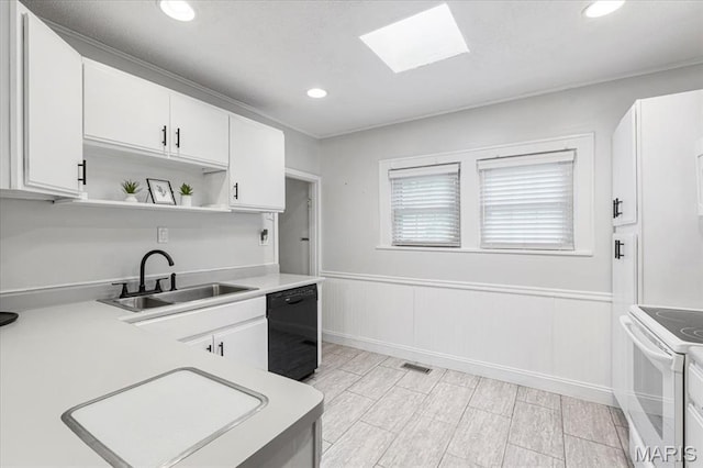 507 Alphonse Dr, Kirkwood, MO 63122 - kitchen with black dishwasher, a sink, white electric range, open shelves, and a skylight