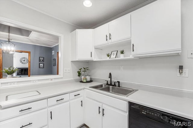507 Alphonse Dr, Kirkwood, MO 63122 - kitchen with black dishwasher, a sink, ornamental molding, open shelves, and light countertops
