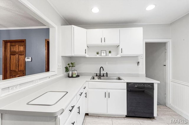 507 Alphonse Dr, Kirkwood, MO 63122 - kitchen featuring black dishwasher, a sink, light countertops, open shelves, and white cabinetry