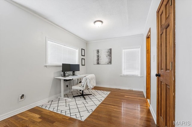 507 Alphonse Dr, Kirkwood, MO 63122 - office area with ornamental molding, wood finished floors, baseboards, a textured ceiling, and healthy amount of natural light