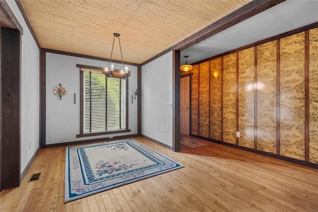 11 Glen Hollow Rd, Glen Carbon, IL 62034 - unfurnished dining area with a chandelier, hardwood / wood-style flooring, crown molding, baseboards, and wooden ceiling