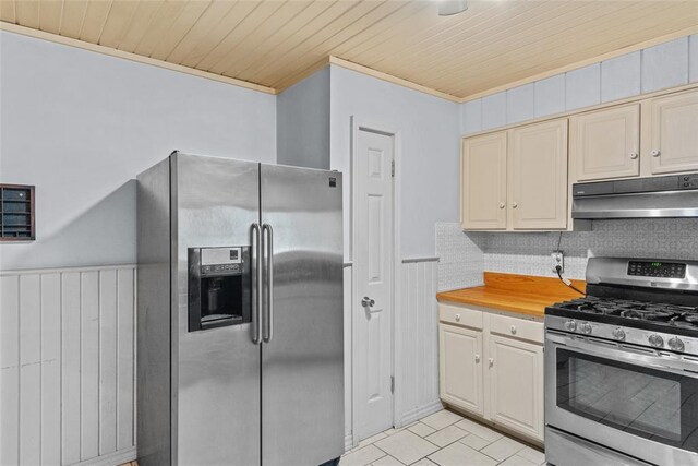11 Glen Hollow Rd, Glen Carbon, IL 62034 - kitchen featuring stainless steel appliances, under cabinet range hood, wood ceiling, wainscoting, and ornamental molding