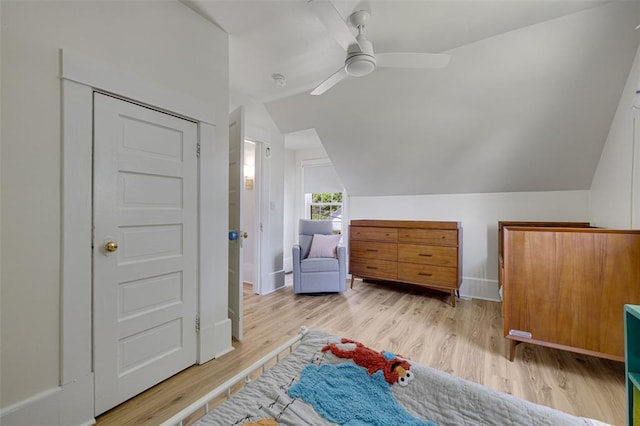 120 W Thornton Ave, Webster Groves, MO 63119 - bedroom with vaulted ceiling, light wood-style flooring, baseboards, and ceiling fan