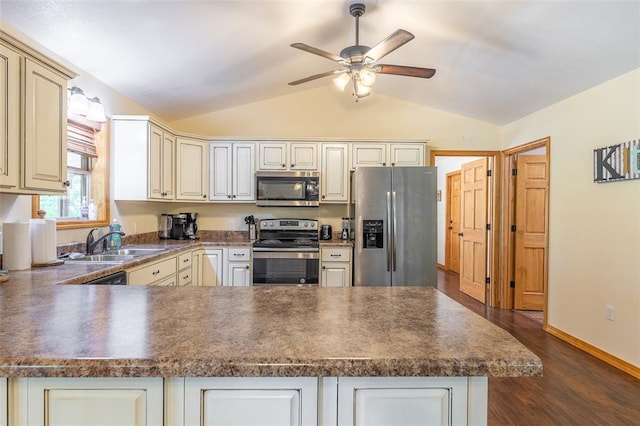 765 Carter 103, Van Buren, MO 63965 - kitchen with stainless steel appliances, a sink, dark countertops, vaulted ceiling, and ceiling fan