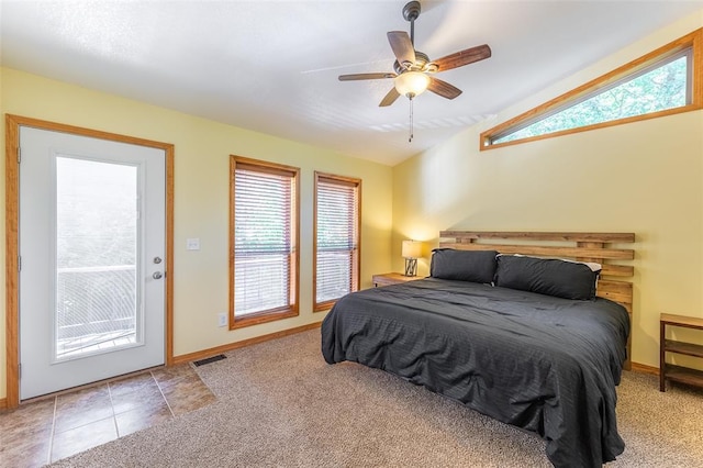 765 Carter 103, Van Buren, MO 63965 - bedroom featuring access to outside, lofted ceiling, a ceiling fan, baseboards, and carpet flooring