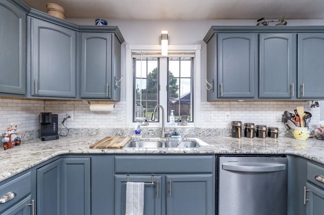 2115 Tower Rd, Lebanon, MO 65536 - kitchen featuring dishwasher, a sink, blue cabinets, and tasteful backsplash