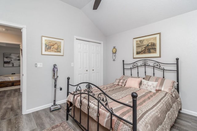 2115 Tower Rd, Lebanon, MO 65536 - bedroom featuring wood finished floors, a closet, baseboards, vaulted ceiling, and a ceiling fan