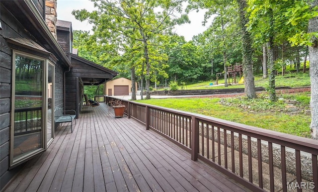 13399 S US Highway 63, Rolla, MO 65401 - wooden deck featuring an outbuilding, a yard, and view of scattered trees