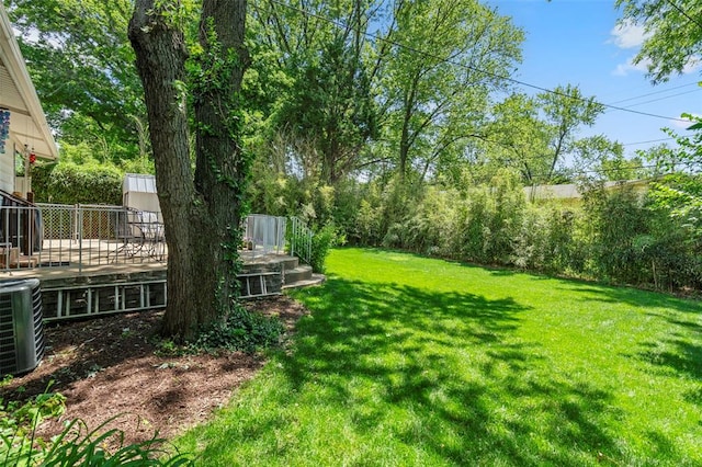 1090 Apache Dr, Florissant, MO 63033 - view of green lawn featuring central air condition unit and a wooden deck
