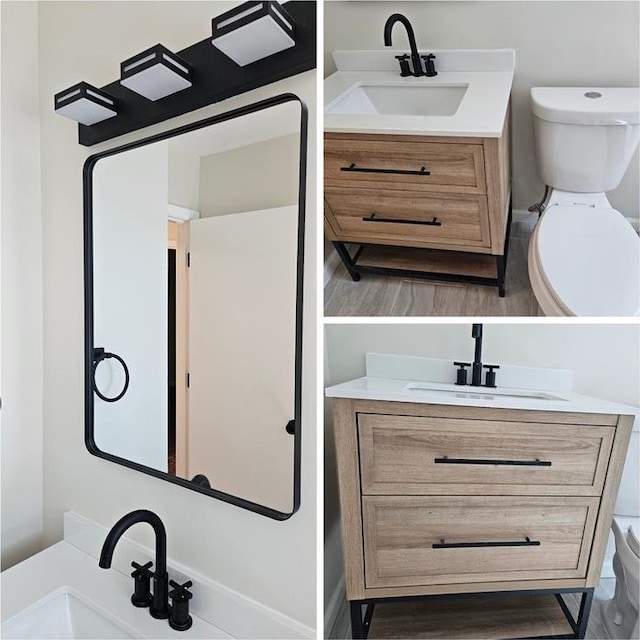 10619 Alliance Dr, Saint Louis, MO 63136 - bathroom featuring toilet, two vanities, and wood finished floors