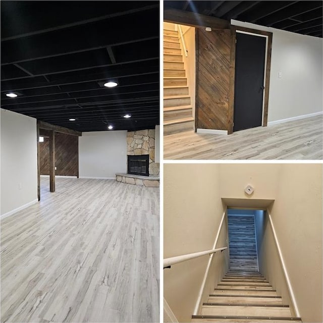 10619 Alliance Dr, Saint Louis, MO 63136 - stairway featuring wood finished floors, a fireplace, and baseboards