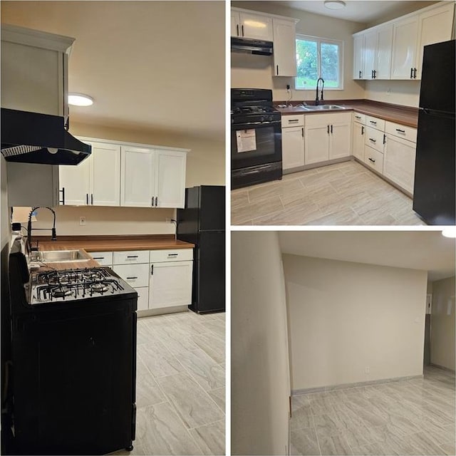 10619 Alliance Dr, Saint Louis, MO 63136 - kitchen featuring black appliances, a sink, range hood, and white cabinetry