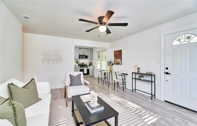 2613 Hillsboro Valley Park Rd, High Ridge, MO 63049 - living area featuring light wood-type flooring, ceiling fan, and baseboards